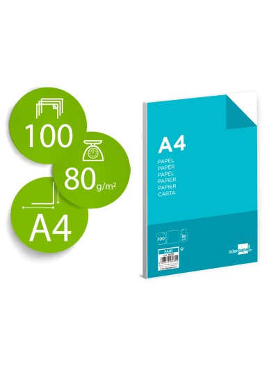 Papel liderpapel a4 80g/m2 liso paquete de 100 hojas