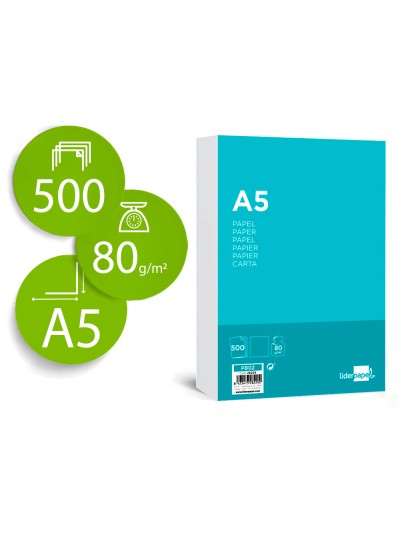 Papel liderpapel a5 80g/m2 liso paquete de 500 hojas