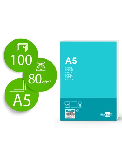 Papel liderpapel a5 80g/m2 liso paquete de 100 hojas