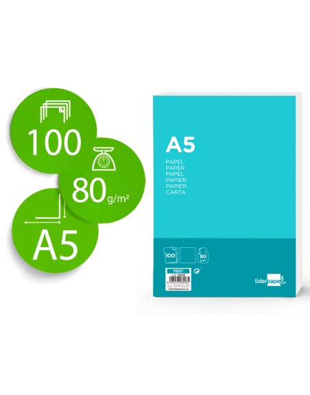 Papel liderpapel a5 80g/m2 liso paquete de 100 hojas