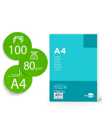 Papel liderpapel a4 80g/m2 sin taladros cuadro 4 mm paquete de 100 hojas