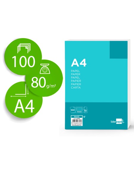 Papel liderpapel a4 80g/m2 sin taladros cuadro 4 mm paquete de 100 hojas