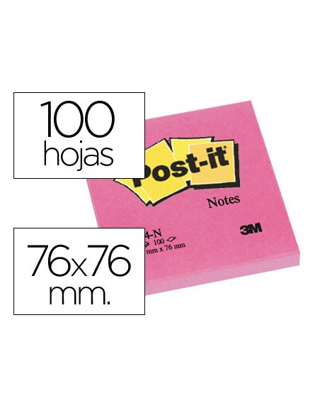 Bloc de notas adhesivas quita y pon post-it 76x76 mm fucsia neon con 100 hojas