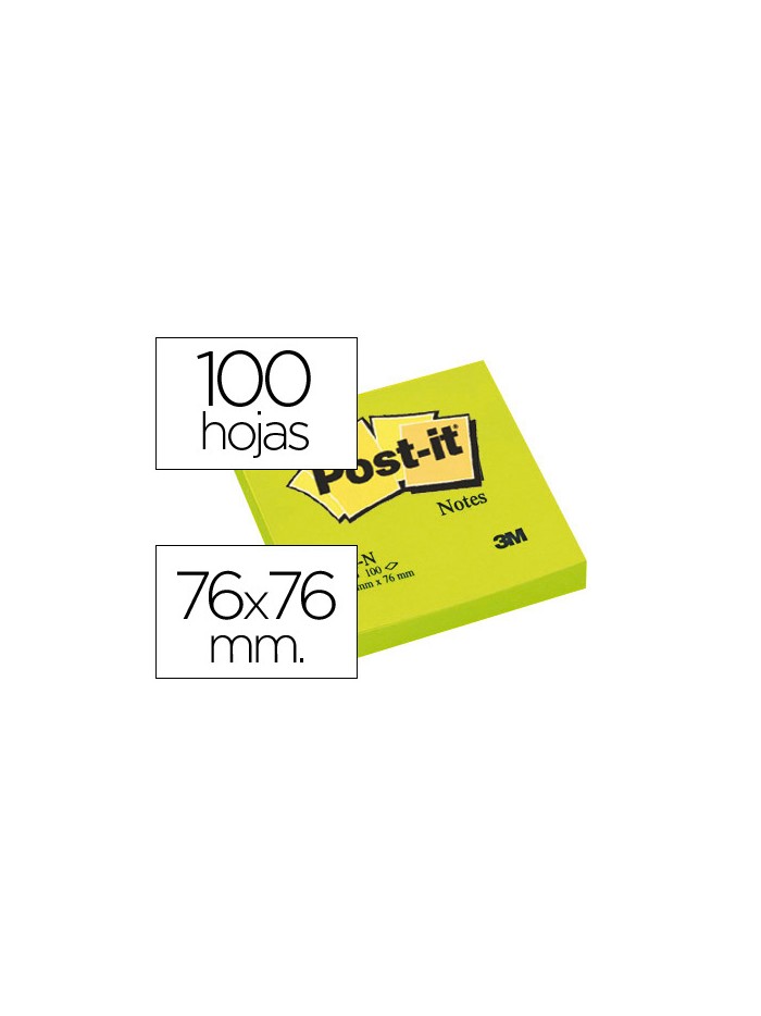 Bloc de notas adhesivas quita y pon post-it 76x76 mm verde neon con 100 hojas Bloc de notas adhesivas quita y pon post-it 76x76 mm verde neon con 100 hojas