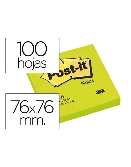 Bloc de notas adhesivas quita y pon post-it 76x76 mm verde neon con 100 hojas