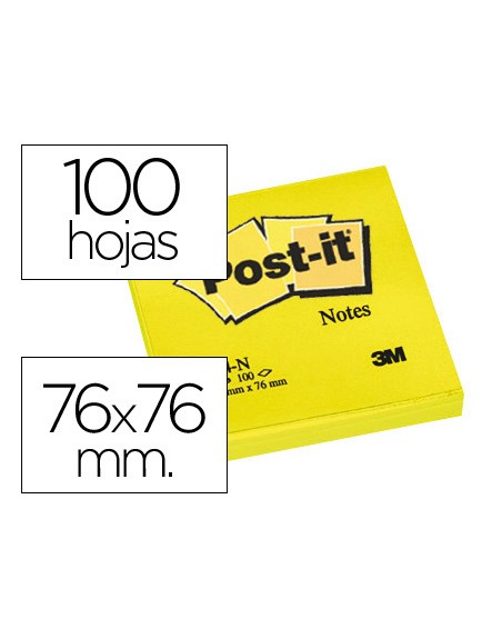 Bloc de notas adhesivas quita y pon post-it 76x76 mm amarillo neon con 100 hojas
