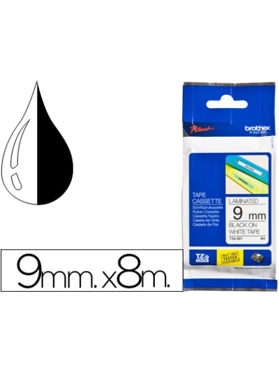 Cinta brother tze221 blanco-negro 9mm longitud 8 mt
