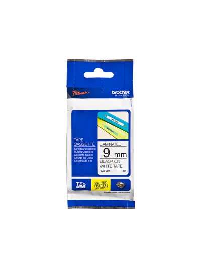 Cinta brother tze221 blanco-negro 9mm longitud 8 mt