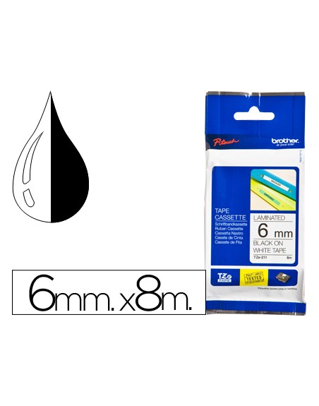 Cinta brother tze-211 blanco-negro 6mm longitud 8 mt