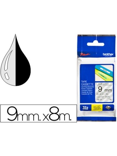 Cinta brother tze121 transparente-negro 9mm longitud 8 mt