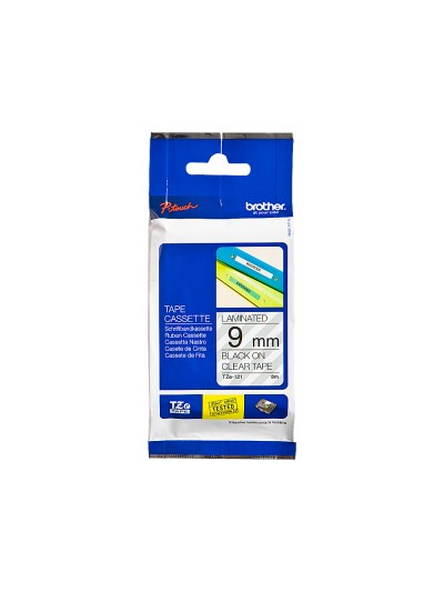 Cinta brother tze121 transparente-negro 9mm longitud 8 mt