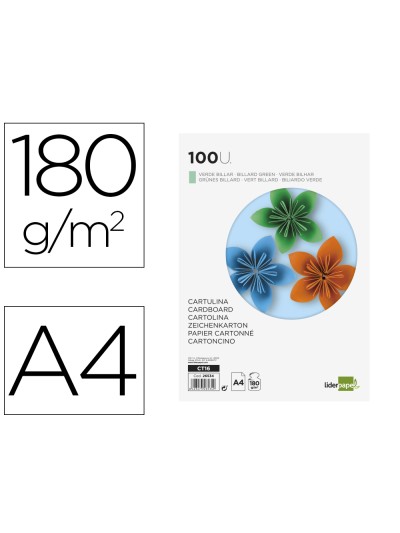 Cartulina liderpapel a4 180g/m2 verde billar paquete de 100 hojas