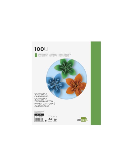 Cartulina liderpapel a4 180g/m2 verde abeto paquete de 100 hojas