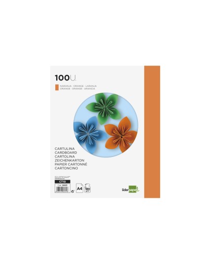 Cartulina liderpapel a4 180g/m2 naranja fuerte paquete de 100 hojas