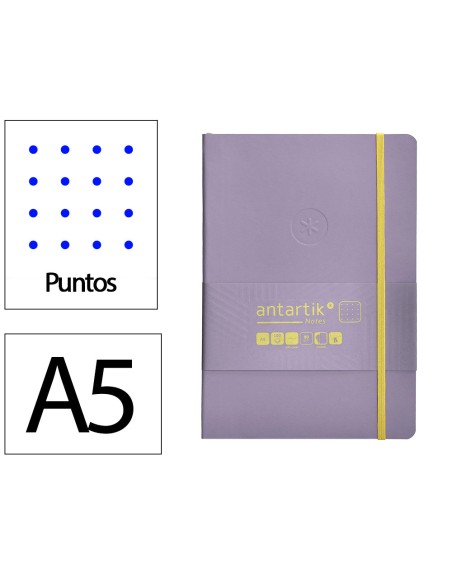 Cuaderno con gomilla antartik notes tapa blanda a5 hojas puntos morado y amarillo 80 hojas 80 gr fsc