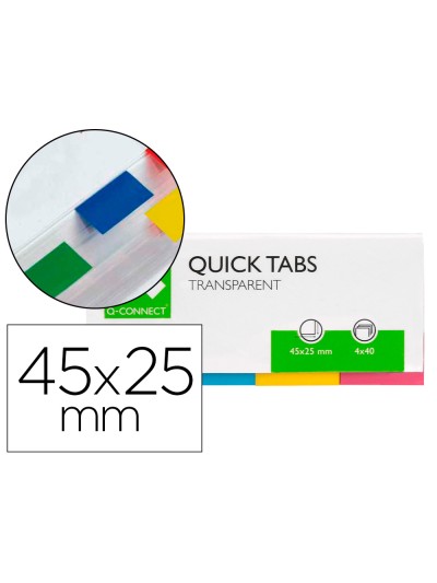 Banderitas separadoras q-connect 25x45 mm transparentes y color pack de 4 con 40 hojas