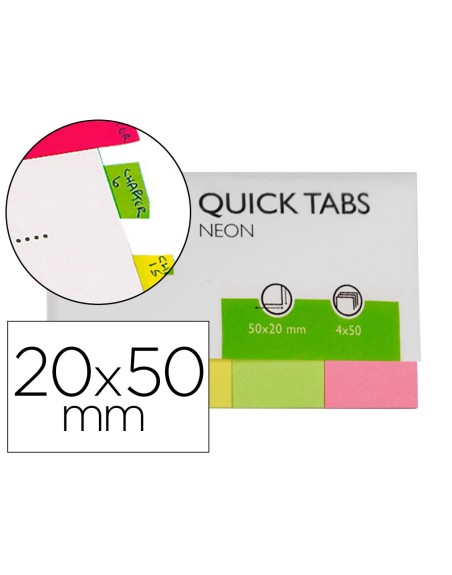 Banderitas separadoras q-connect 20x50 mm fluorescente pack de 4 con 50 hojas