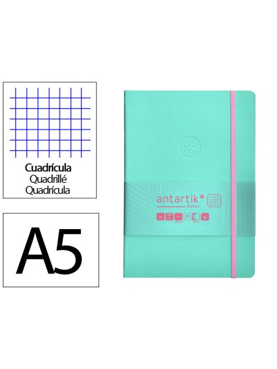Cuaderno con gomilla antartik notes tapa blanda a5 hojas cuadricula rosa y turquesa 80 hojas 80 gr fsc