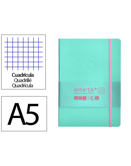 Cuaderno con gomilla antartik notes tapa blanda a5 hojas cuadricula rosa y turquesa 80 hojas 80 gr fsc
