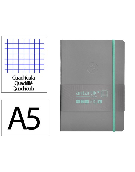 Cuaderno con gomilla antartik notes tapa blanda a5 hojas cuadricula gris y turquesa 80 hojas 80 gr fsc