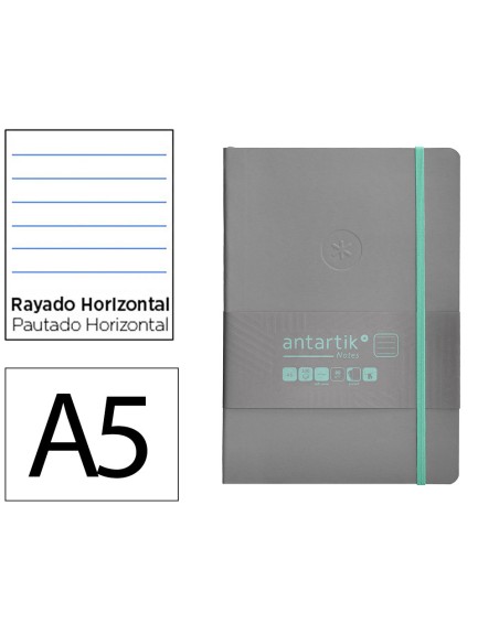Cuaderno con gomilla antartik notes tapa blanda a5 hojas rayas gris y turquesa 80 hojas 80 gr fsc