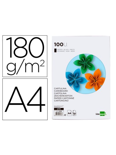 Cartulina liderpapel a4 180g/m2 negro paquete de 100 hojas