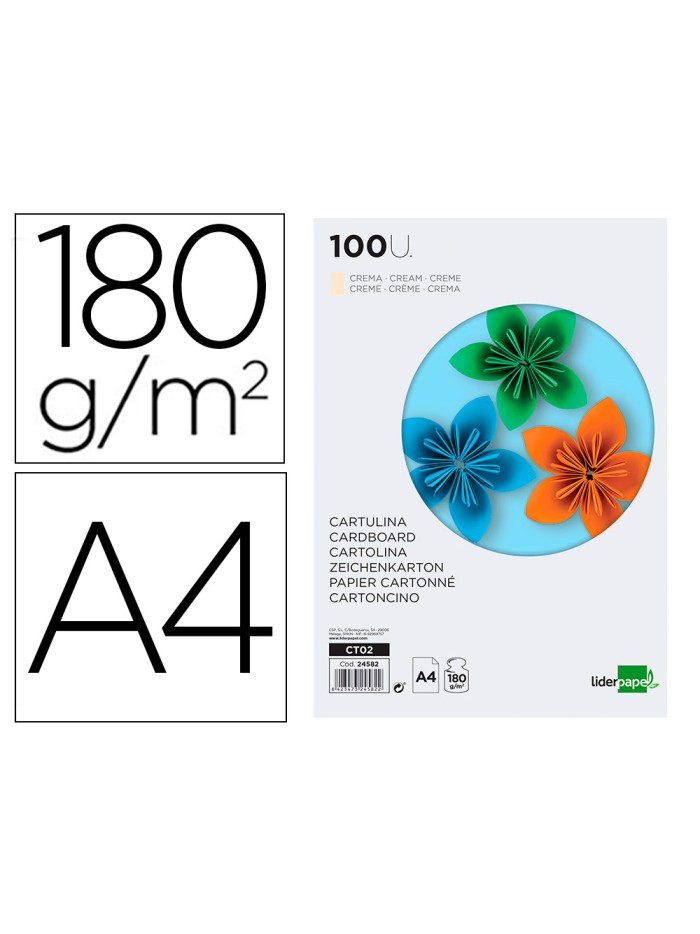 Cartulina liderpapel a4 180g/m2 crema paquete de 100 hojas Cartulina liderpapel a4 180g/m2 crema paquete de 100 hojas