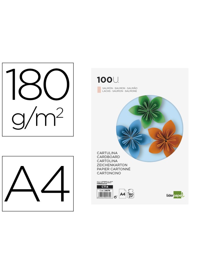 Cartulina liderpapel a4 180g/m2 salmon paquete de 100 hojas Cartulina liderpapel a4 180g/m2 salmon paquete de 100 hojas