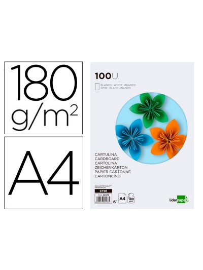 Cartulina liderpapel a4 180g/m2 blanco paquete de 100 hojas