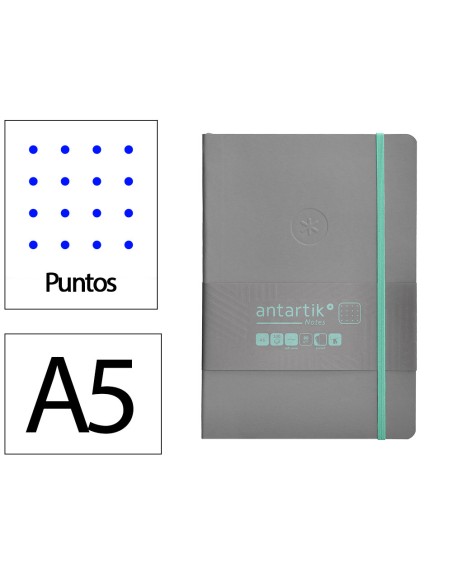 Cuaderno con gomilla antartik notes tapa blanda a5 hojas puntos gris y turquesa 80 hojas 80 gr fsc
