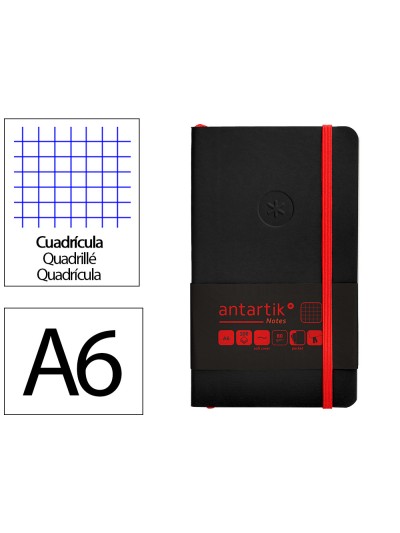 Cuaderno con gomilla antartik notes tapa blanda a6 cuadricula negro y rojo 100 hojas 80 gr fsc