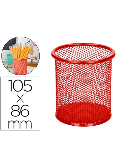 Cubilete portalapices q-connect rojo metal redondo rejilla diametro 86 mm alto 105 mm