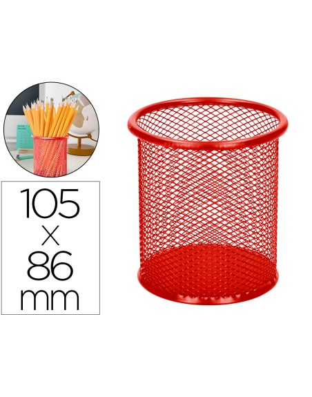 Cubilete portalapices q-connect rojo metal redondo rejilla diametro 86 mm alto 105 mm