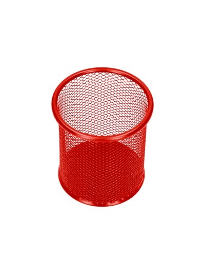Cubilete portalapices q-connect rojo metal redondo rejilla diametro 86 mm alto 105 mm