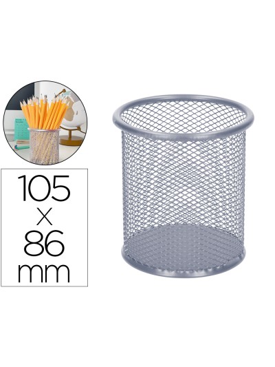 Cubilete portalapices q-connect plata metal redondo rejilla diametro 86 mm alto 105 mm