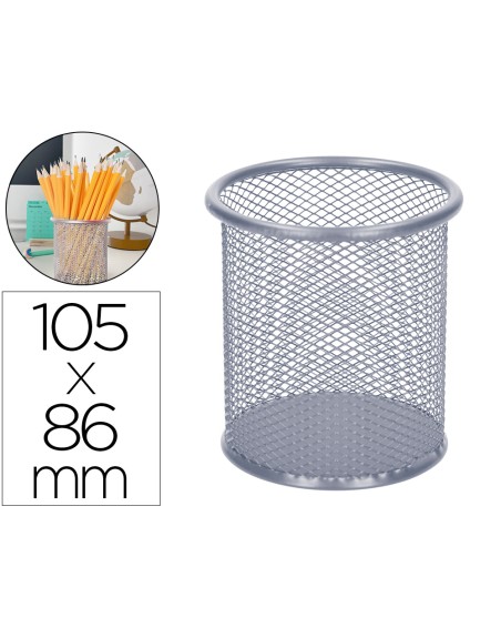 Cubilete portalapices q-connect plata metal redondo rejilla diametro 86 mm alto 105 mm