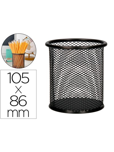 Cubilete portalapices q-connect negro metal redondo rejilla diametro 86 mm alto 105 mm