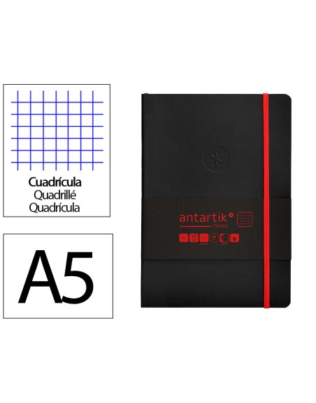 Cuaderno con gomilla antartik notes tapa blanda a5 hojas cuadricula negro y rojo 80 hojas 80 gr fsc