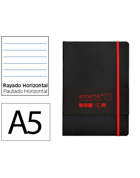 Cuaderno con gomilla antartik notes tapa blanda a5 hojas rayas negro y rojo 80 hojas 80 gr fsc
