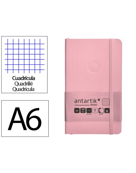 Cuaderno con gomilla antartik notes tapa blanda a6 cuadricula rosa pastel 100 hojas 80 gr fsc