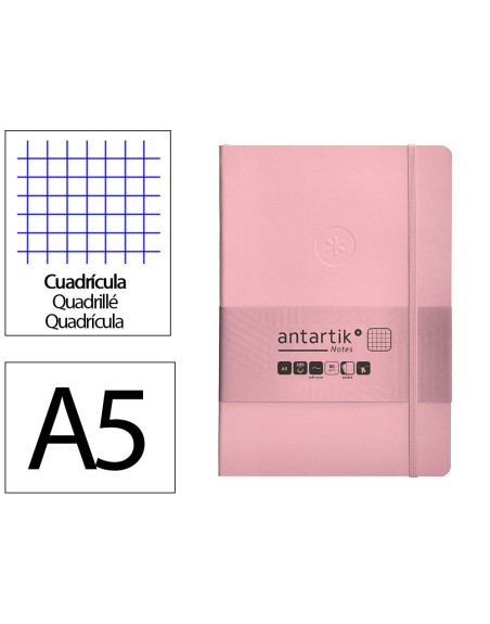 Cuaderno con gomilla antartik notes tapa blanda a5 hojas cuadricula rosa pastel 80 hojas 80 gr fsc