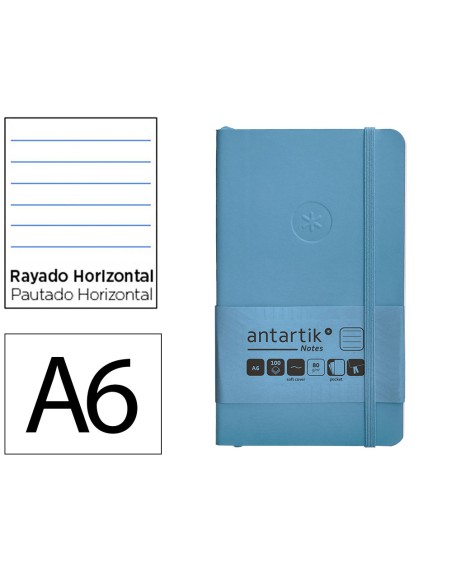 Cuaderno con gomilla antartik notes tapa blanda a6 rayas azul claro 100 hojas 80 gr fsc