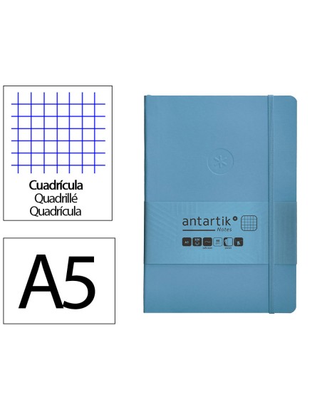 Cuaderno con gomilla antartik notes tapa blanda a5 hojas cuadricula azul claro 80 hojas 80 gr fsc