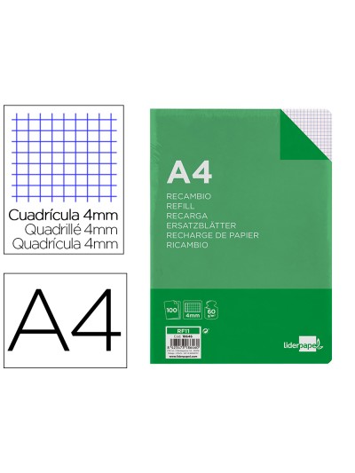 Recambio liderpapel a4 100 hojas 60g/m2 cuadro 4 mm con margen 16 taladros