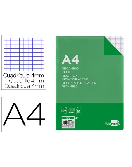 Recambio liderpapel a4 100 hojas 60g/m2 cuadro 4 mm con margen 16 taladros