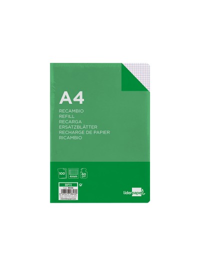 Recambio liderpapel a4 100 hojas 60g/m2 cuadro 4 mm con margen 16 taladros