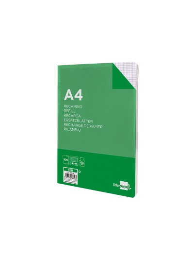 Recambio liderpapel a4 100 hojas 60g/m2 cuadro 4 mm con margen 16 taladros