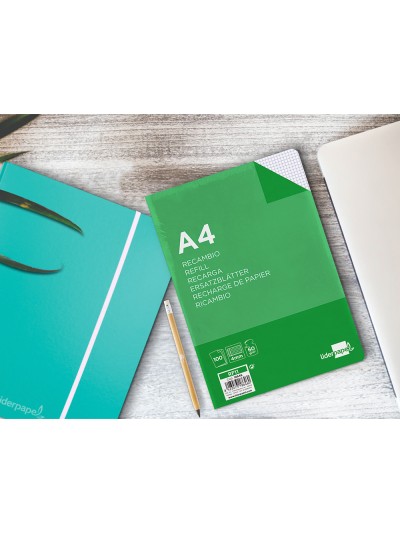 Recambio liderpapel a4 100 hojas 60g/m2 cuadro 4 mm con margen 16 taladros