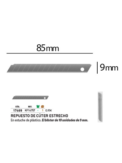 Repuesto cuter q-connect estrecho para modelos kf10631/kf00234/kf10940/kf10938/kf10934 cuchilla 9 mm blister 10 und