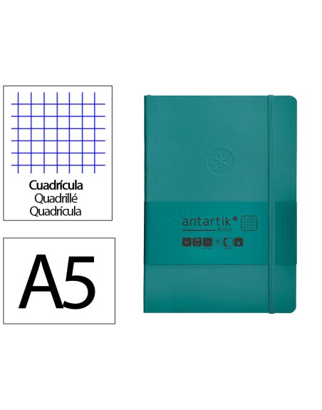 Cuaderno con gomilla antartik notes tapa blanda a5 hojas cuadricula verde aguamarina 80 hojas 80 gr fsc